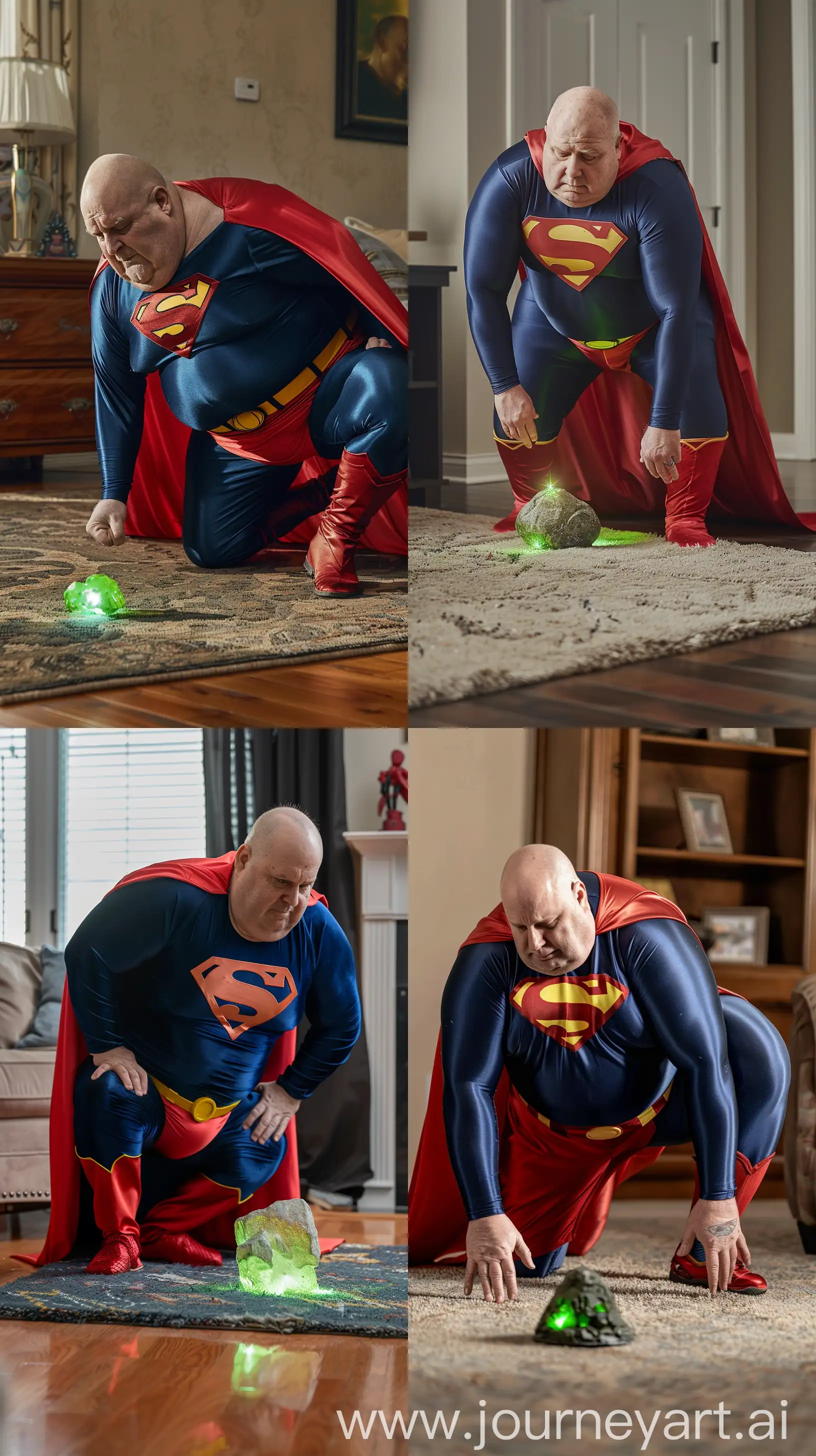 Front close-up photo of a fat man aged 60 wearing silk navy blue complete superman tight uniform with a large red cape, red trunks, yellow belt, red boots. Falling on his knees on the ground in front of a small green glowing rock on the ground. Inside a living room. Bald. Clean Shaven. Natural light. --ar 9:16