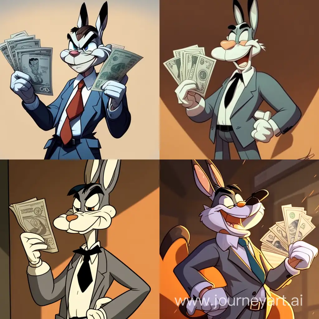 Draw an avatar for a telegram channel on making money with Bugs Bunny from Looney Tunes, who is holding a wad of money. The picture should be bright and accurate.