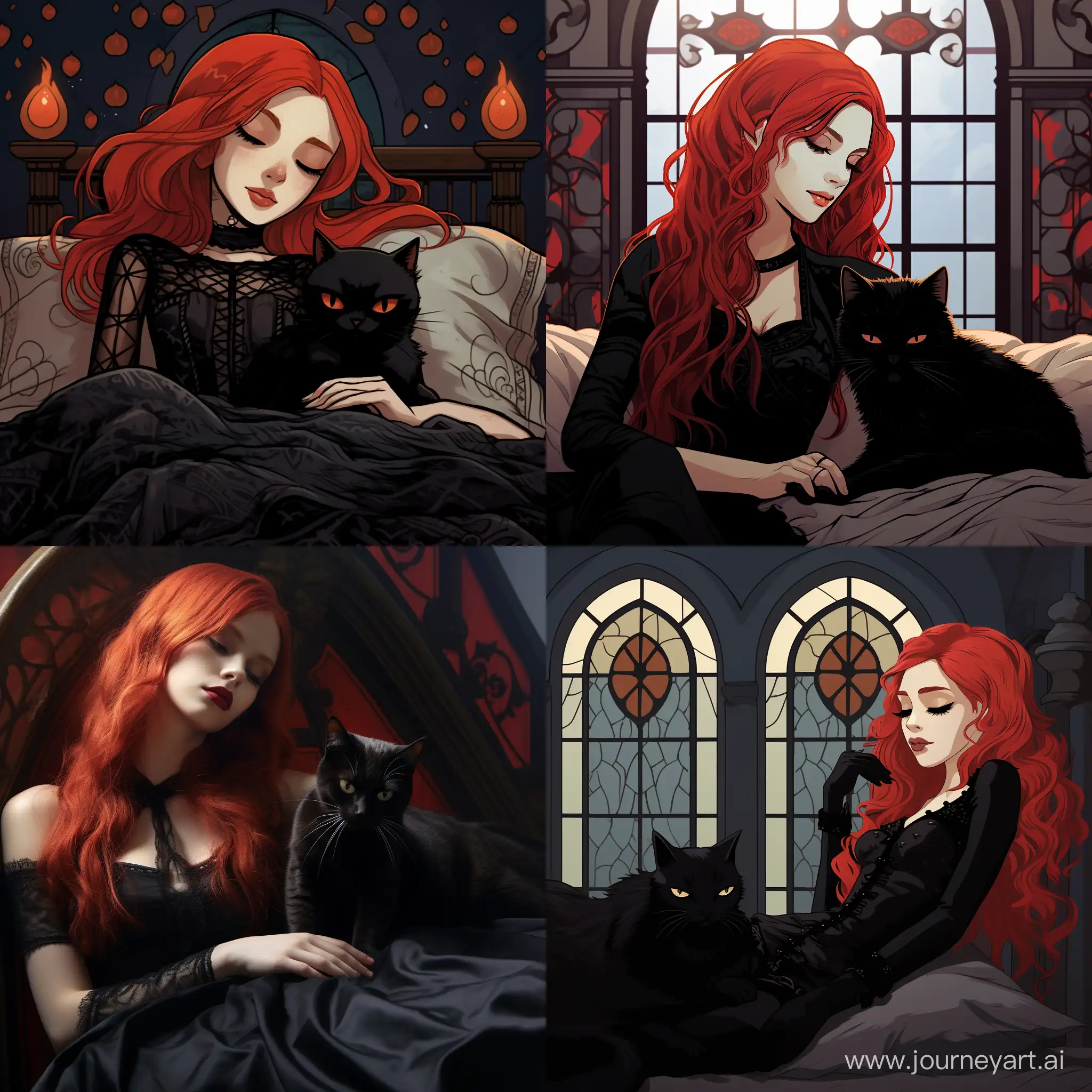 RedHaired-Gothic-Girl-Sleeping-Beside-GothicStyle-Cat-on-Bed