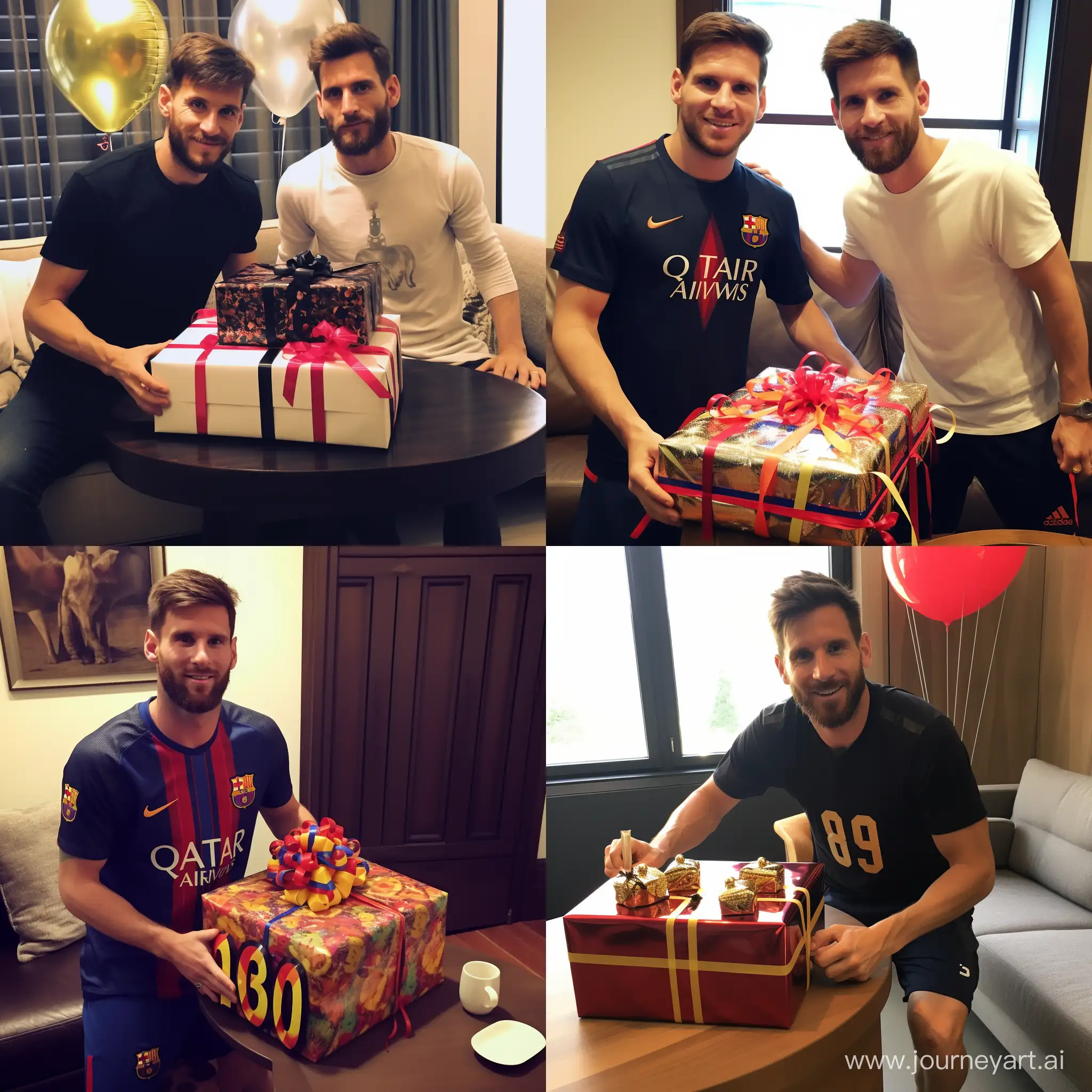 Lionel Messi with a birthday present for Nacho