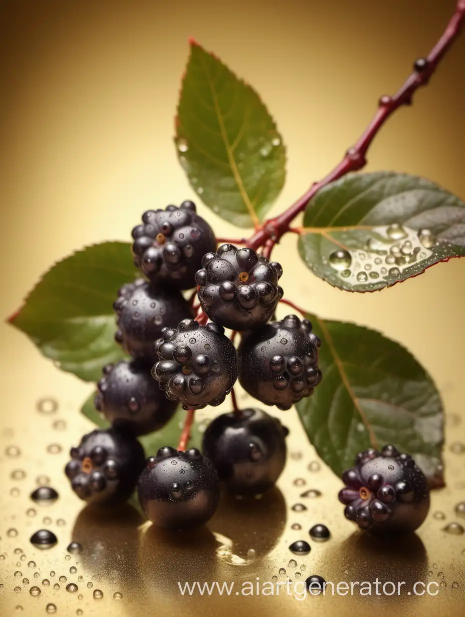 Aronia-Berries-Glistening-with-Water-Drops-on-Antique-Golden-Background