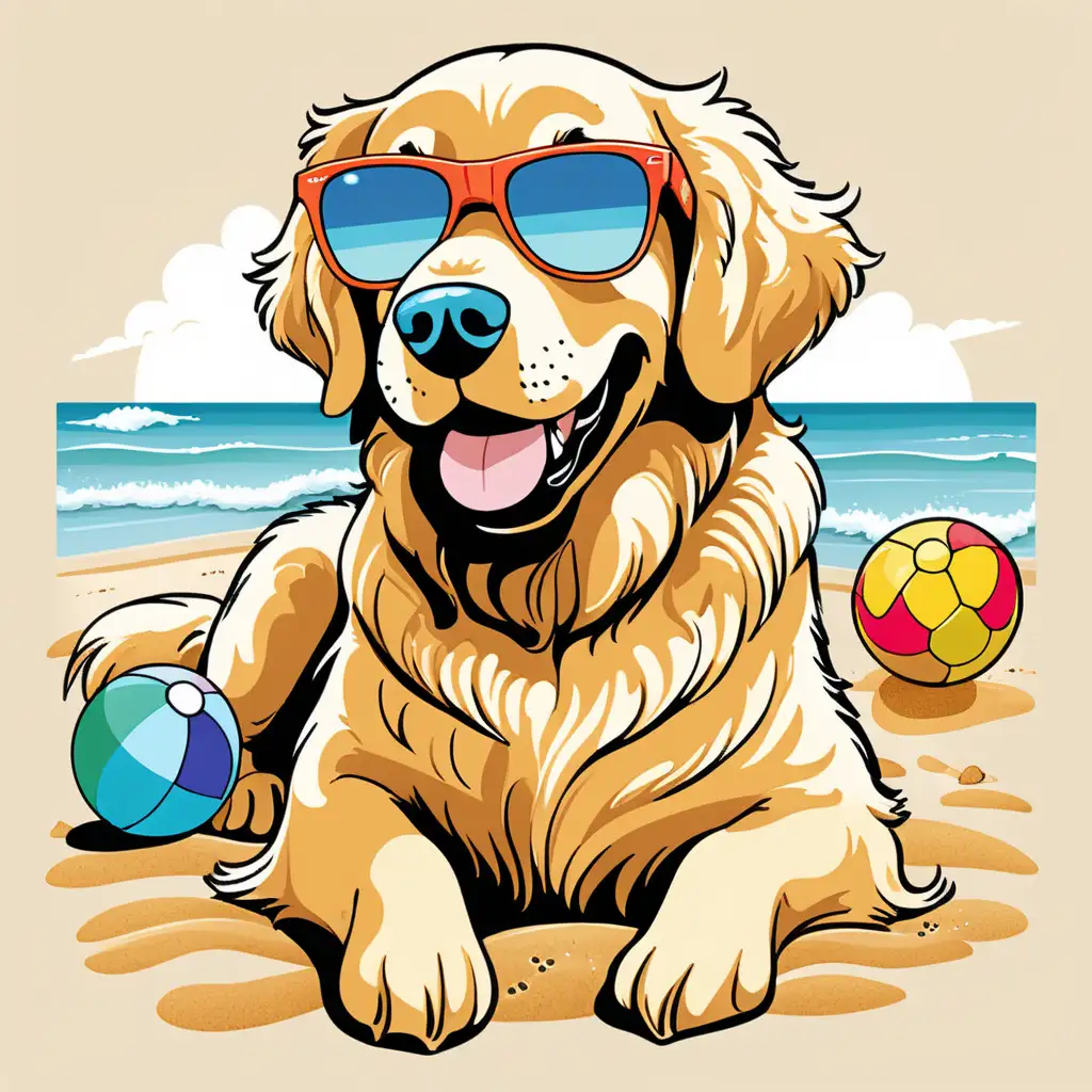 Cool Cartoon Golden Retriever Enjoying Beach Fun in Sunglasses