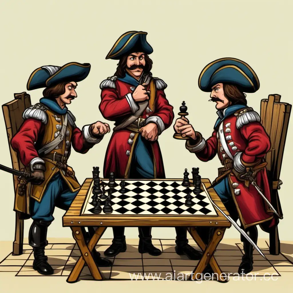 Russian-Musketeers-Playing-Cartoon-Chess