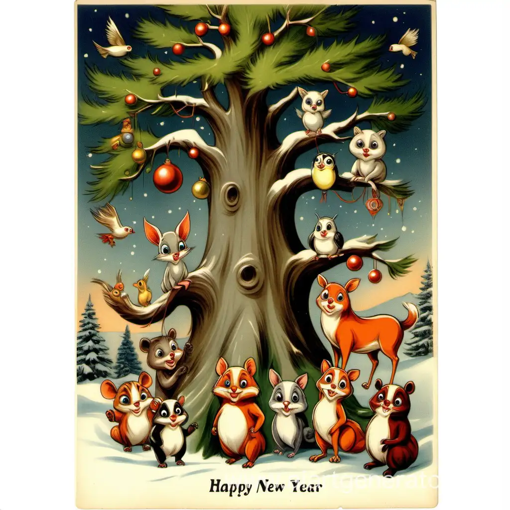 Charming-VintageInspired-Happy-New-Year-Postcard-Featuring-a-Tree-and-Adorable-Animals-with-Big-Eyes
