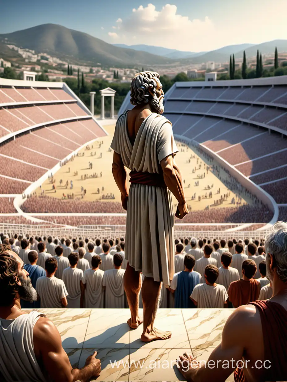 От лица одного из зрителей нарисуй реалистичную картину как в Древней греции на стадионе выступает Сократ перед публикой. Он стоит лицом к экрану. За стадионом видно холмы и поля. Реализм