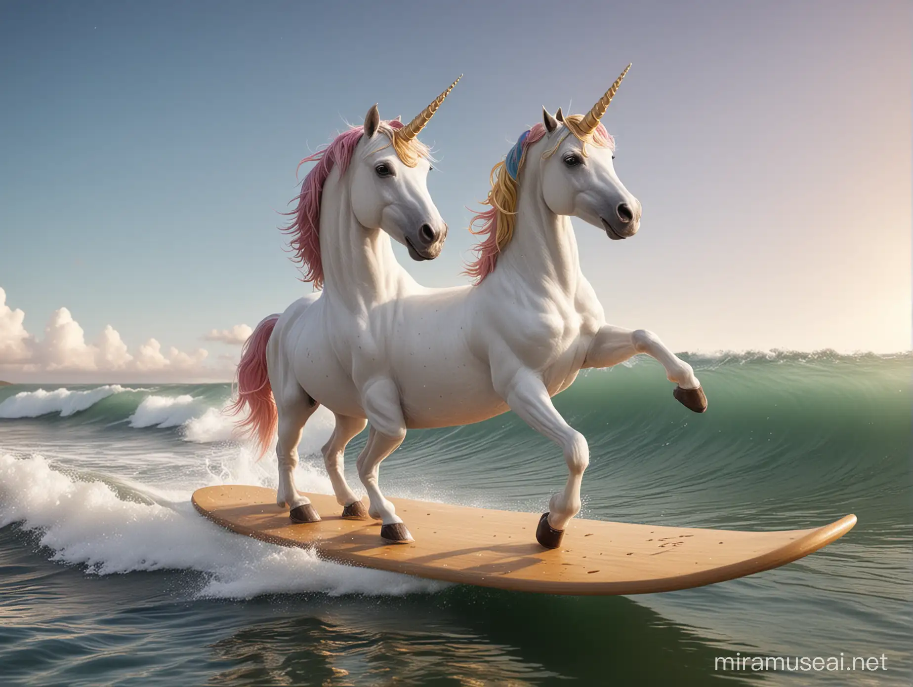 unicorn as an astroanut surfing on a board