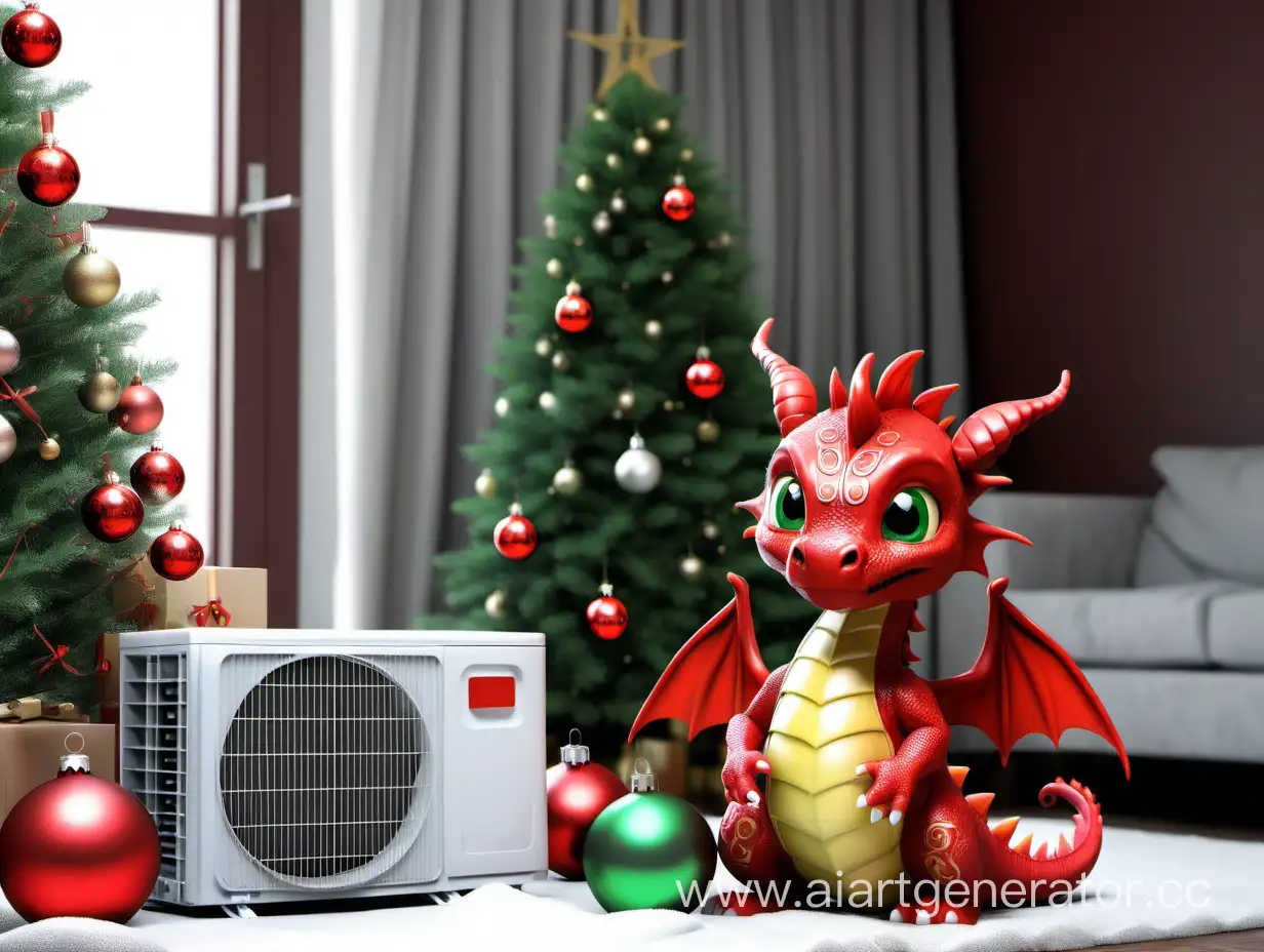 cute red baby dragon with air conditioner and Christmas tree and cristmas balls
