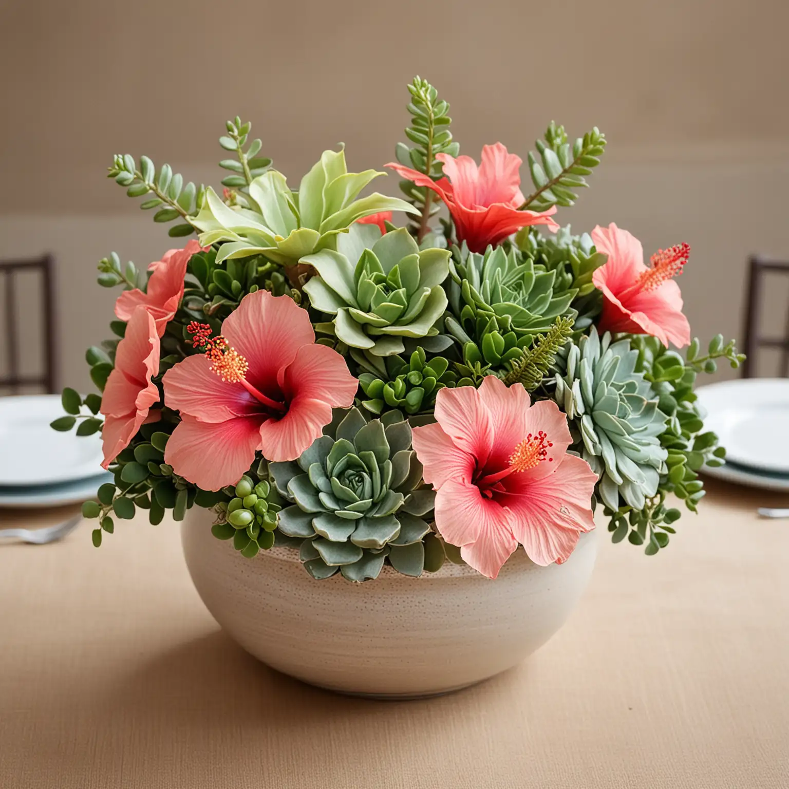 a wedding centerpiece with a round vase with succulents and hibiscus flower blossoms for a balanced look