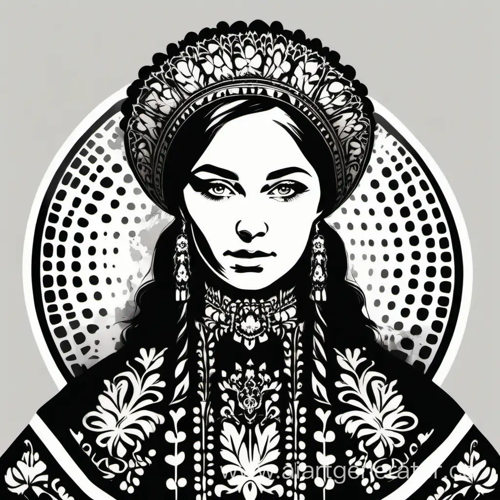 русская девушка в национальном костюме в платке черно-белый трафаретный портрет