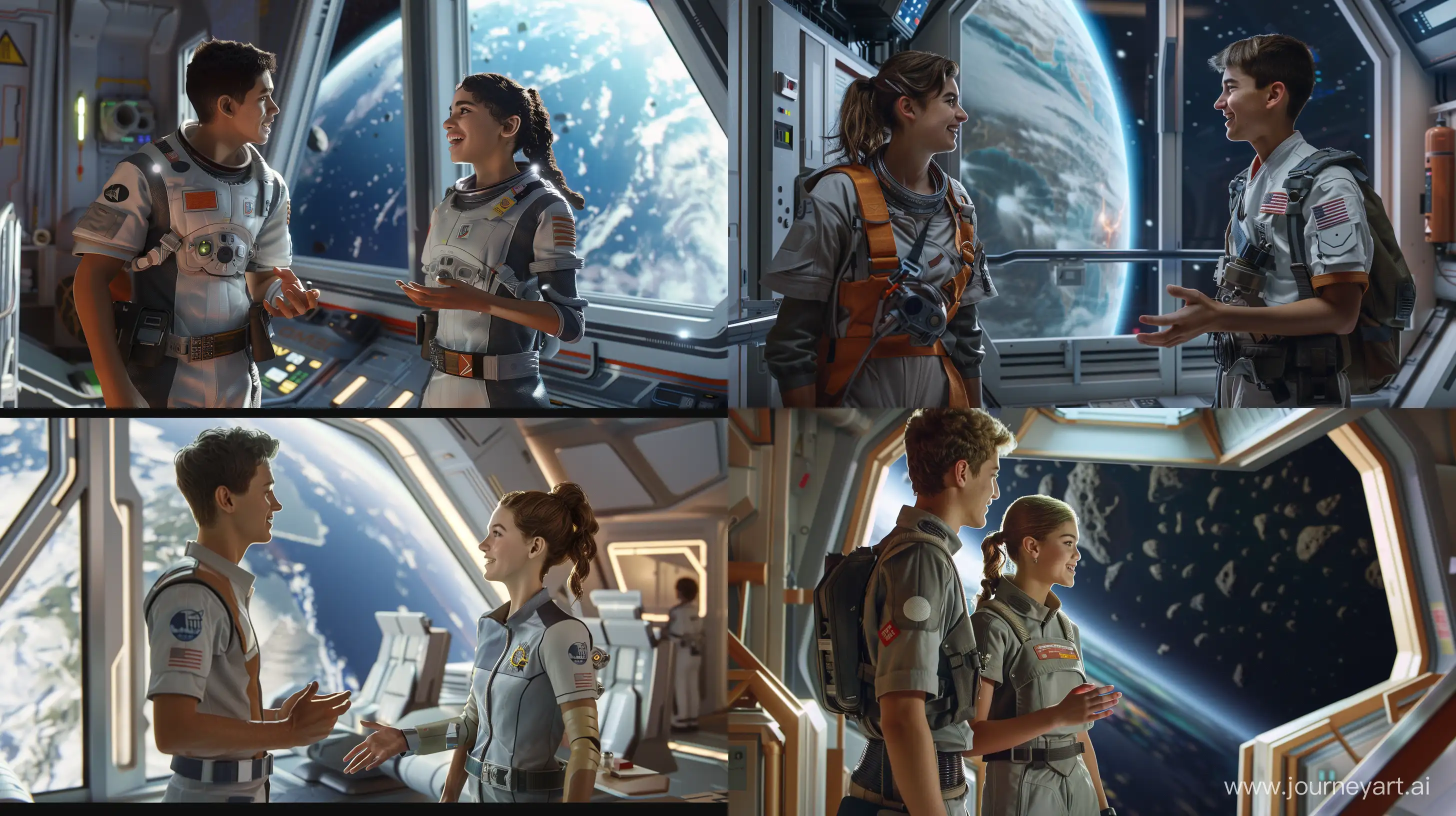 Happy-Young-Couple-in-Space-Expedition-Uniforms-at-Space-Station-Foyer