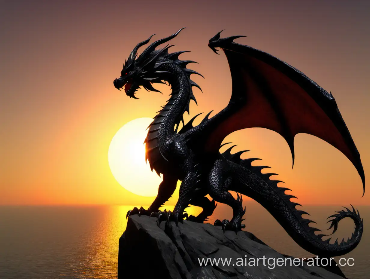 черный дракон, закат, солнце в горизонте