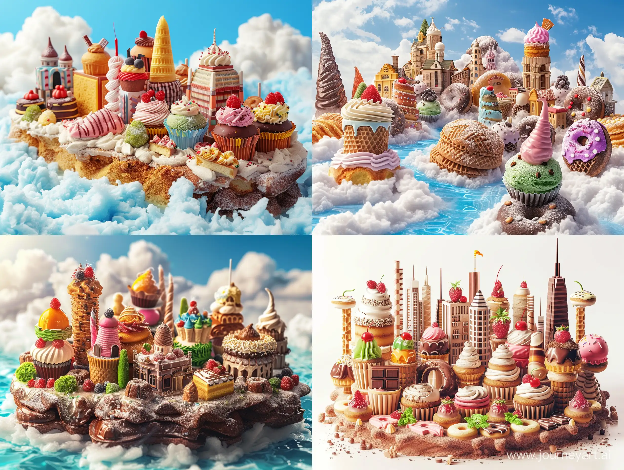 gelato city made of desserts, cakes, chocolates, fantasy, high quality, baking goods, cupcakes, donuts, ice-cream