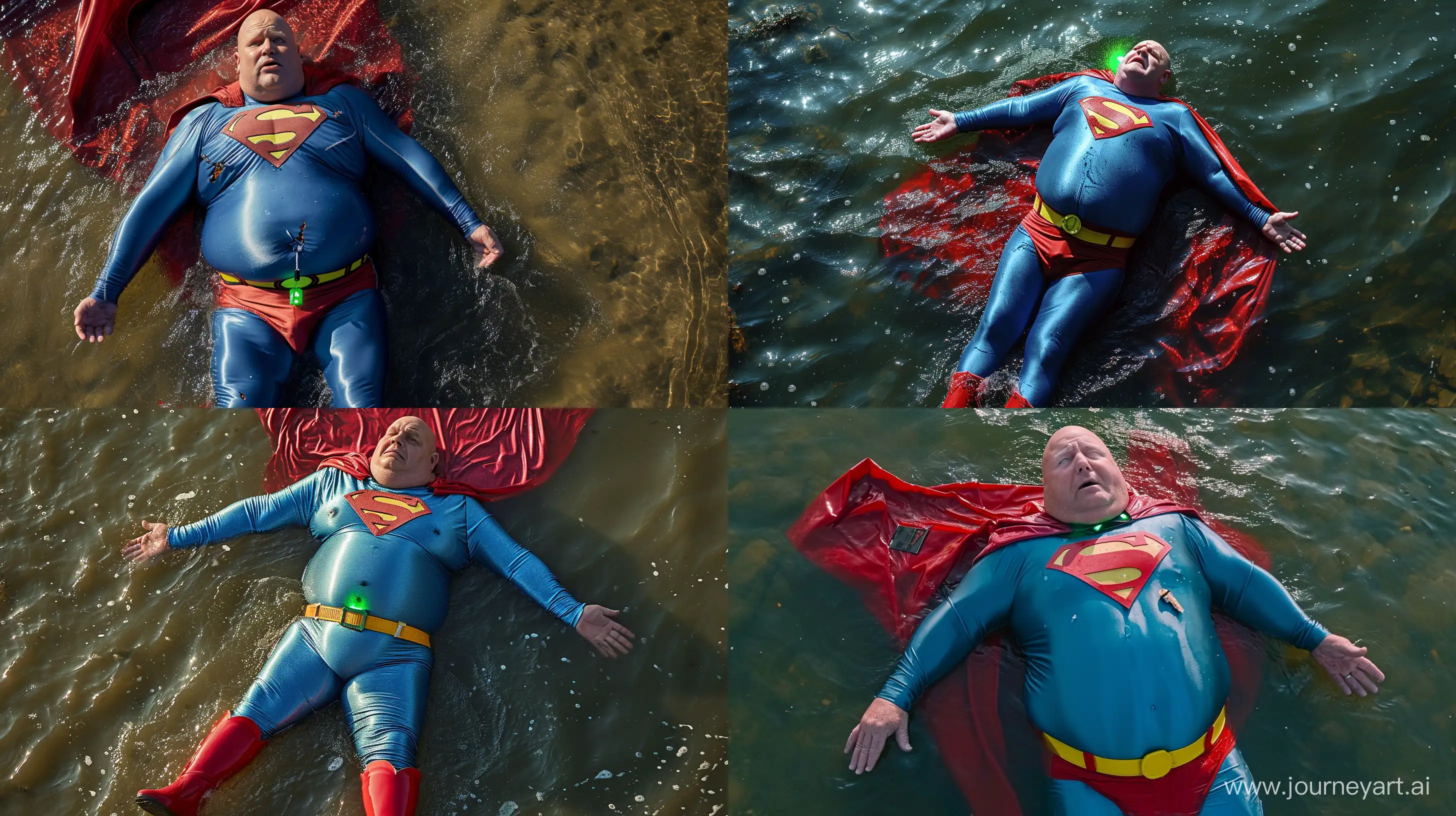 Fearful-Superman-Chubby-Man-in-Blue-Silky-Costume-in-River
