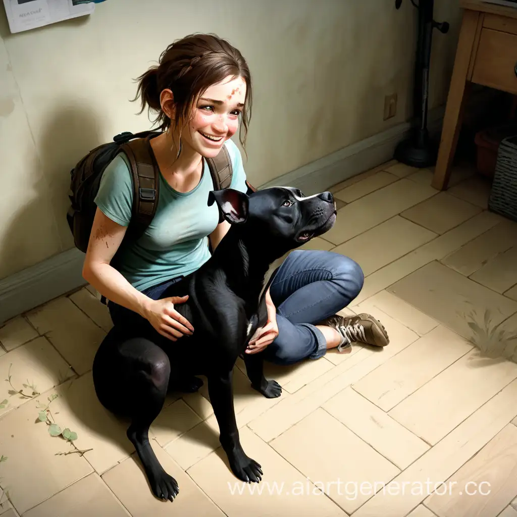 ellie from the last of us is sitting on the floor, smiling and hugging a black staffordshire terrier, who is licking her face