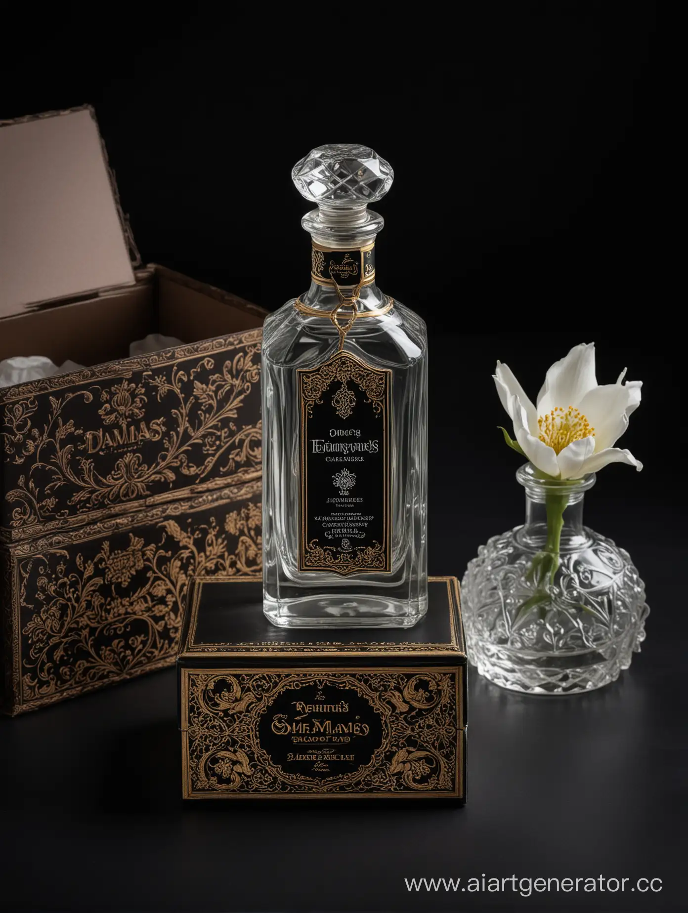 Damas-Cologne-Bottle-and-Box-on-Black-Background-with-Flemish-Baroque-Influence