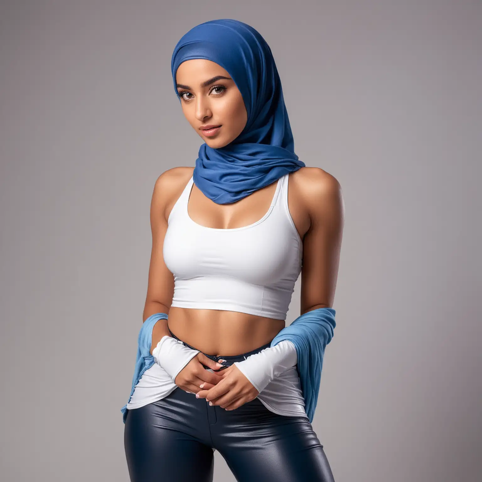 Arab Woman in Blue Hijab and Leather Pants Poses with Friendly Eyes