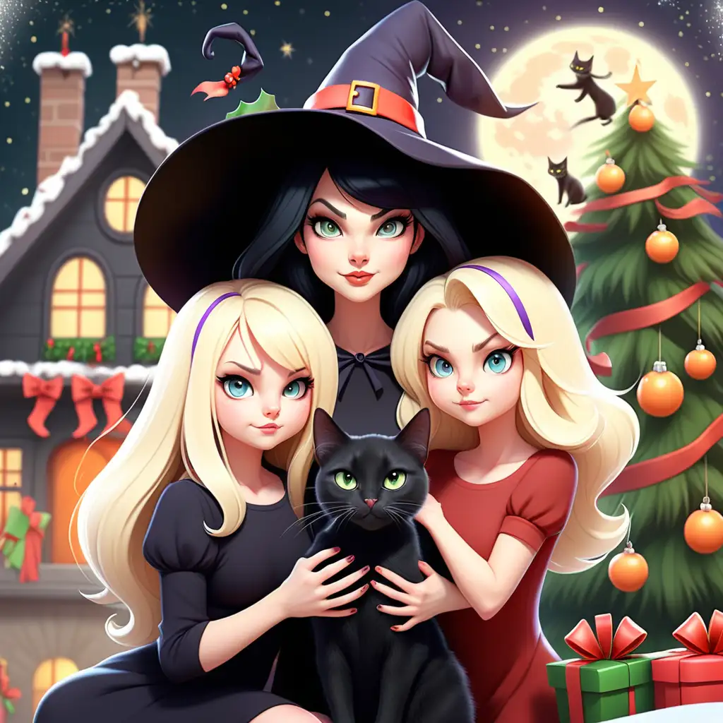 1 mom Witch black-haired,  2 blonde daughters, 1 black cat, Christmas background, 
