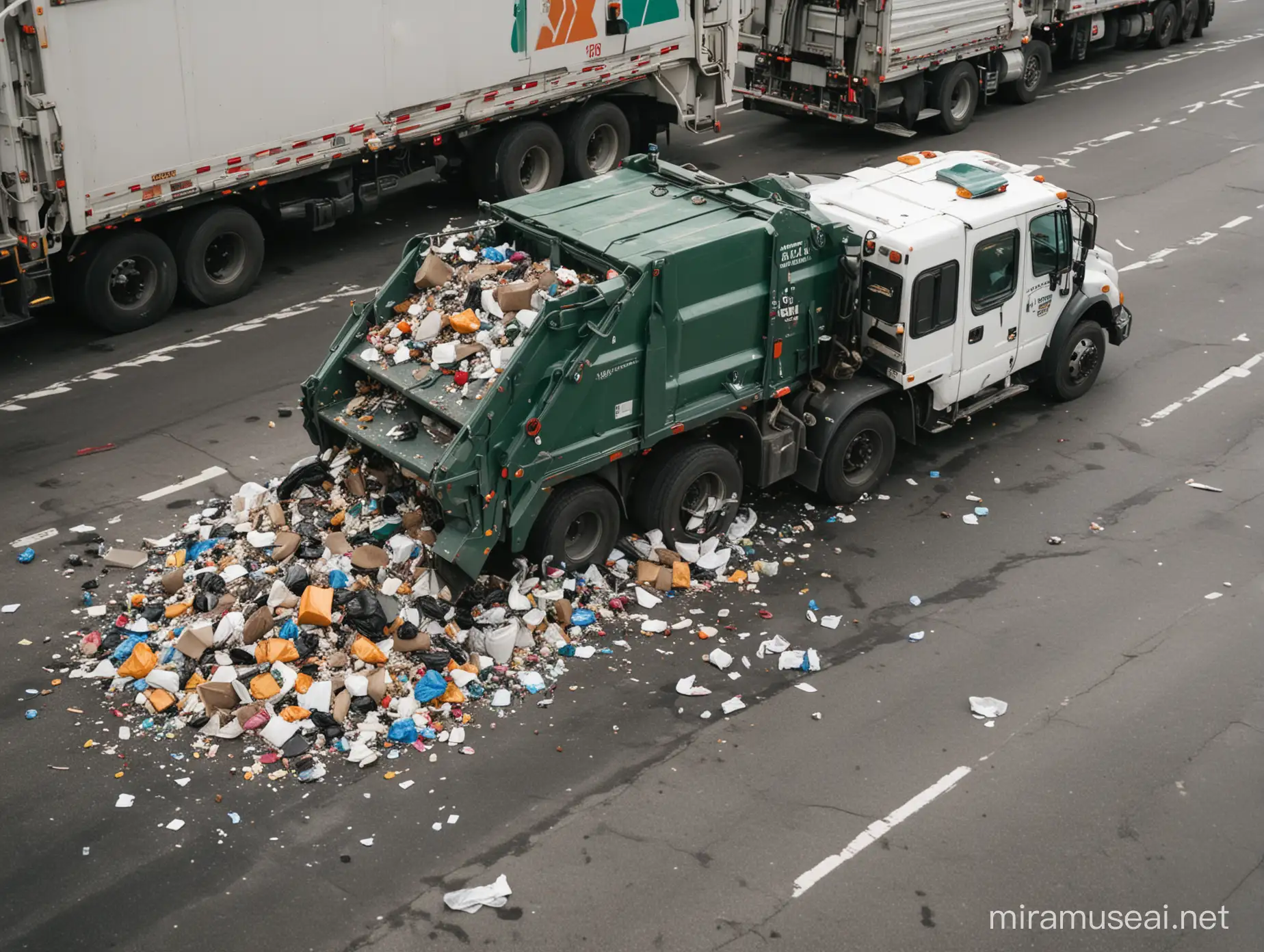 garbage truck scooping up trash