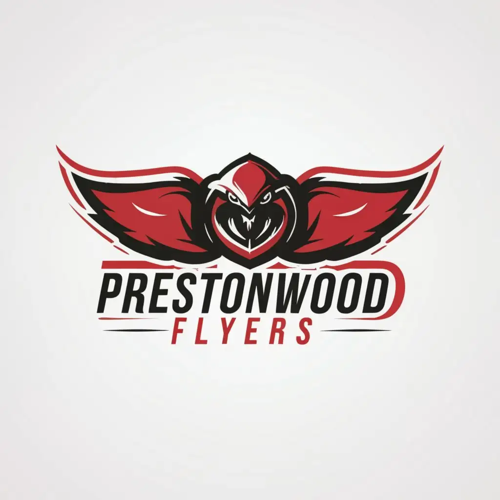 a logo design,with the text "Prestonwood Flyers -", main symbol:swimmer or flying gish. colors red white black,Minimalistic,be used in Sports Fitness industry,clear background