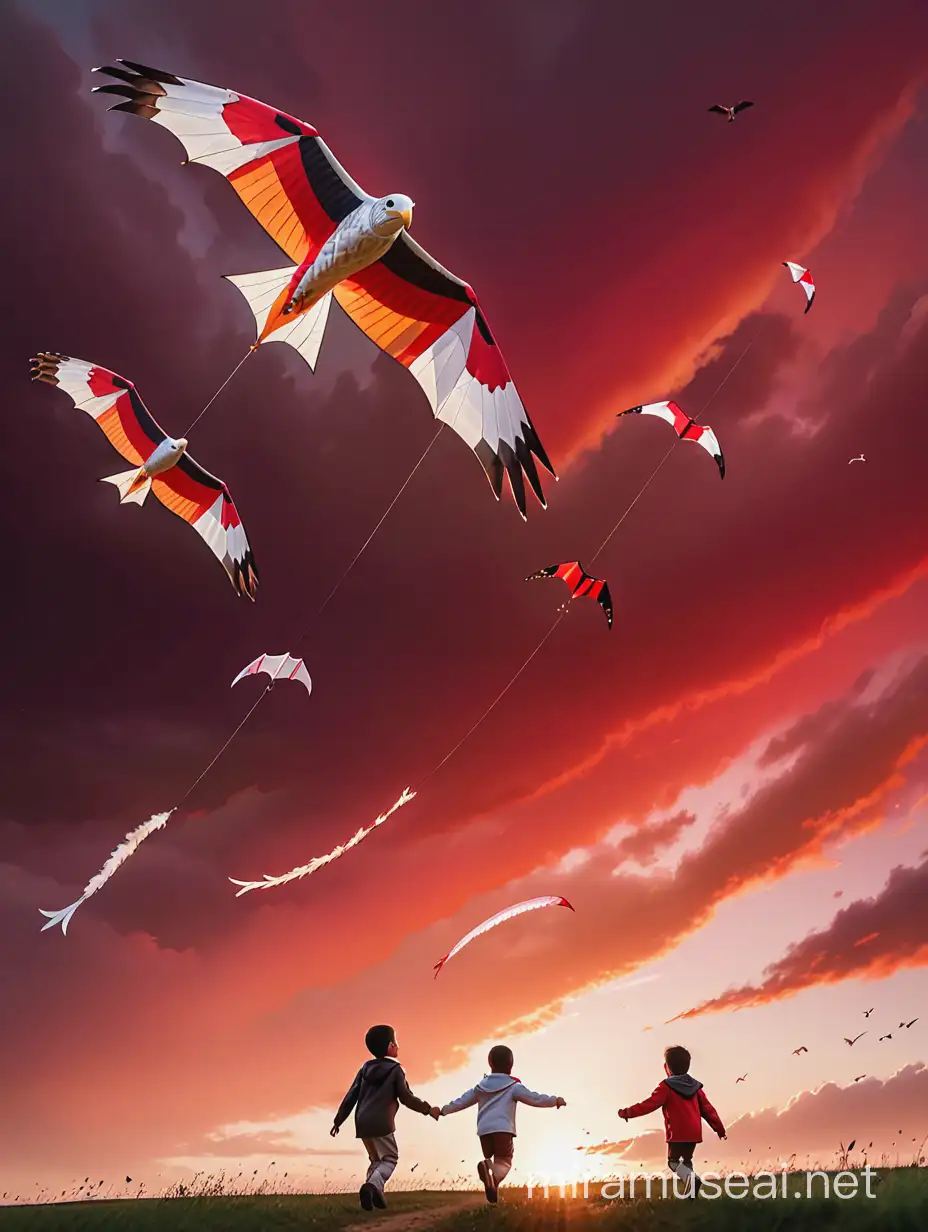 Children Flying Red and White Kites in the Sky