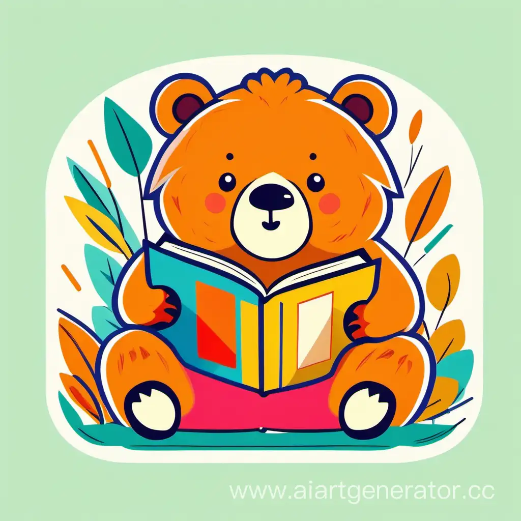 Стиль плоский дизайн, яркие цвета, детский стиль. медведь сидит боком и читает книгу