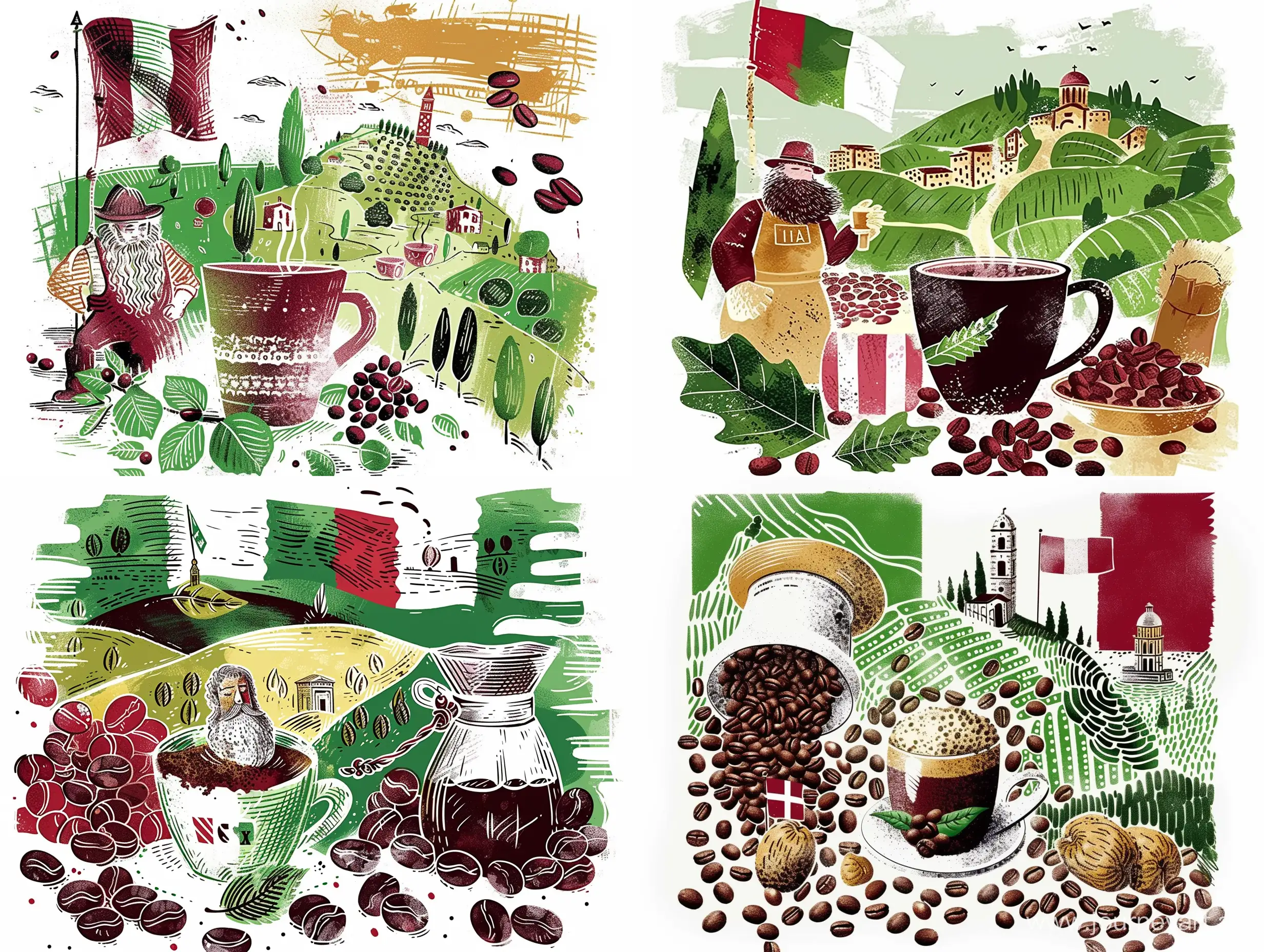 Иллюстрация в стиле авангард кофе, зерна кофе, Итальянский флаг, природа Италии в красном, зеленом и белом цветах, на белом фоне - sref https://i.pinimg.com/564x/6b/94/d1/6b94d172e0e340504c4207171d194e1f.jpg