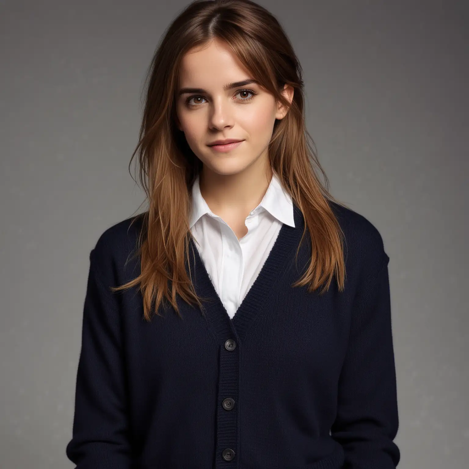 Emma Watson School Uniform Portrait with Long Hair and Tender Smile