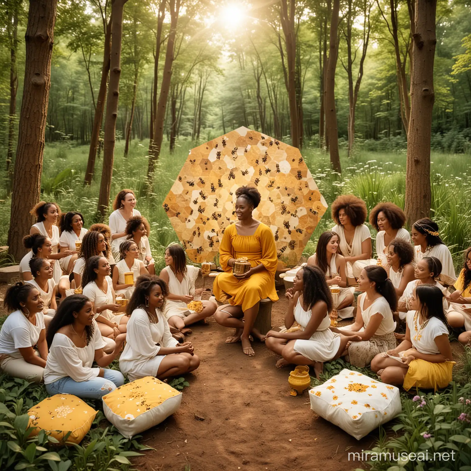 Create and image of women gathering at Summer Solstice and having various racial backgrounds with honeybees flying in the background sitting on hexagon shaped pillows with an enchanted garden behind them and one main Afro-Indigenous woman standing centered as a teacher facilitating classes to other women surrounding her in the forest with a golden pathway behind her holding a small jar of honey 