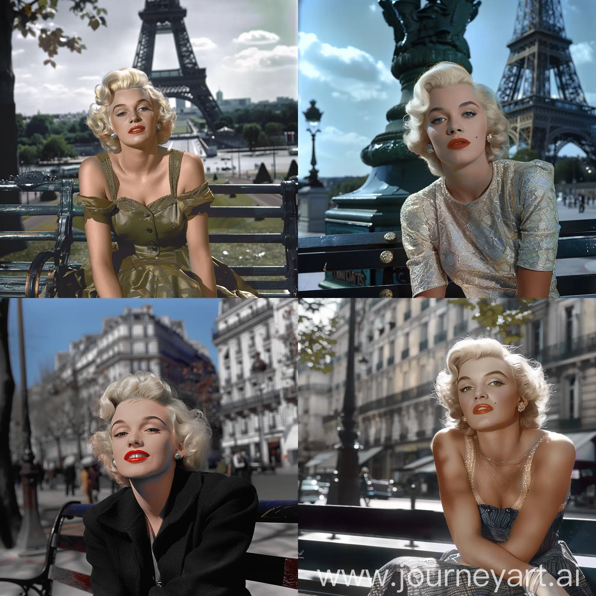 Marilyn Monroe on a Parisian bench, face detailed, colorized 