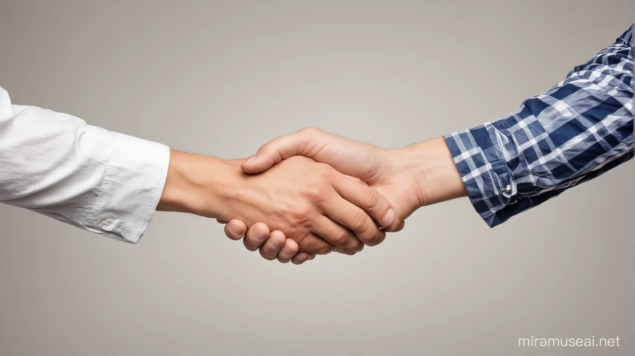 Generate an image where two hands (one is professional & One is farmer's) shaking the hands in plain white background