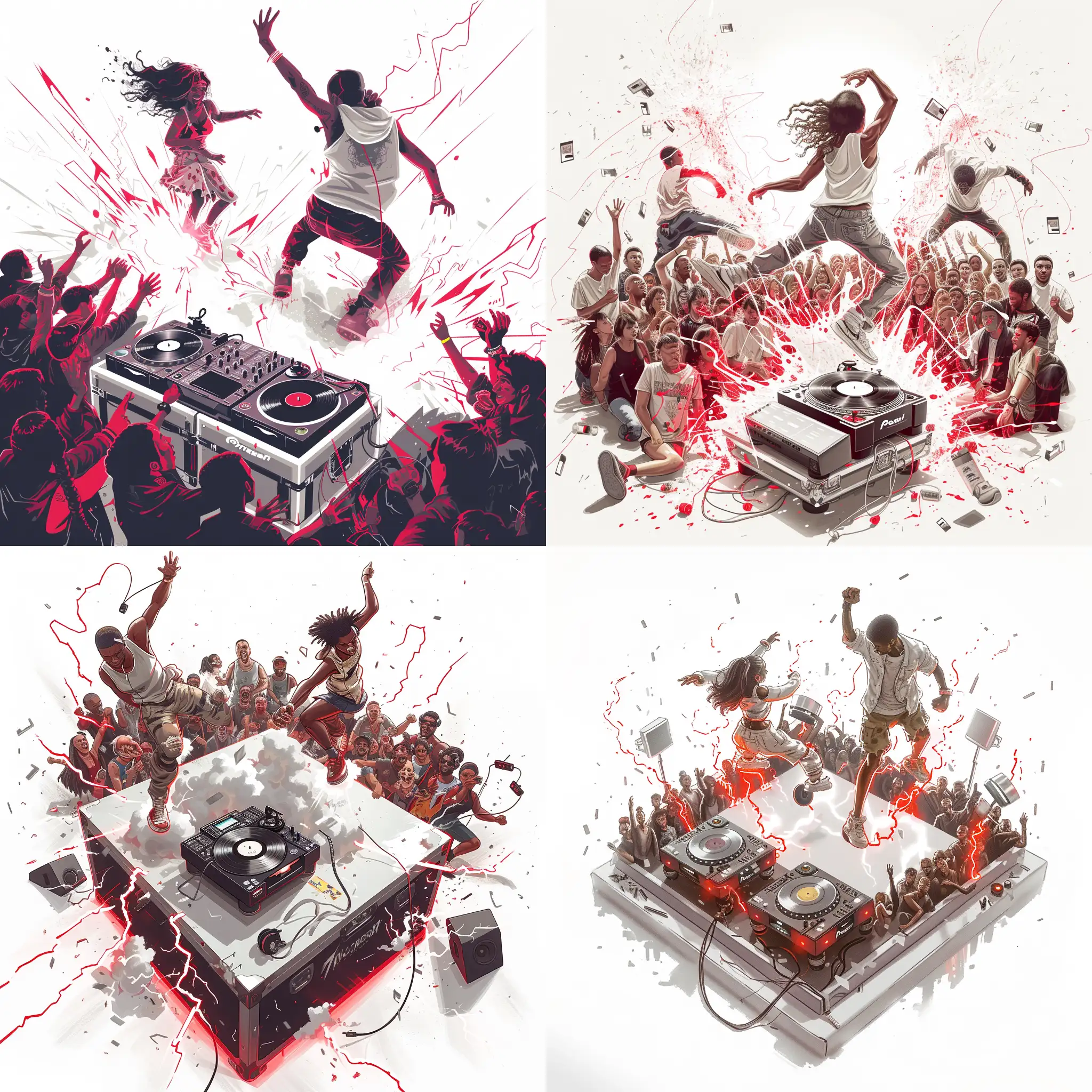 He makes an art based on a breaking dance battle, with a cheering audience, a DJ, and white and red effect lights. with a white background.
At the DJ's base, place a record player, at the breaking battle, place a bgirl doing freezes and a bboy behind, waiting for his turn. include a lighting effect.
Leave just a Bgirl doing a freeze, the crowd around vibrating and the DJ on the pickups.