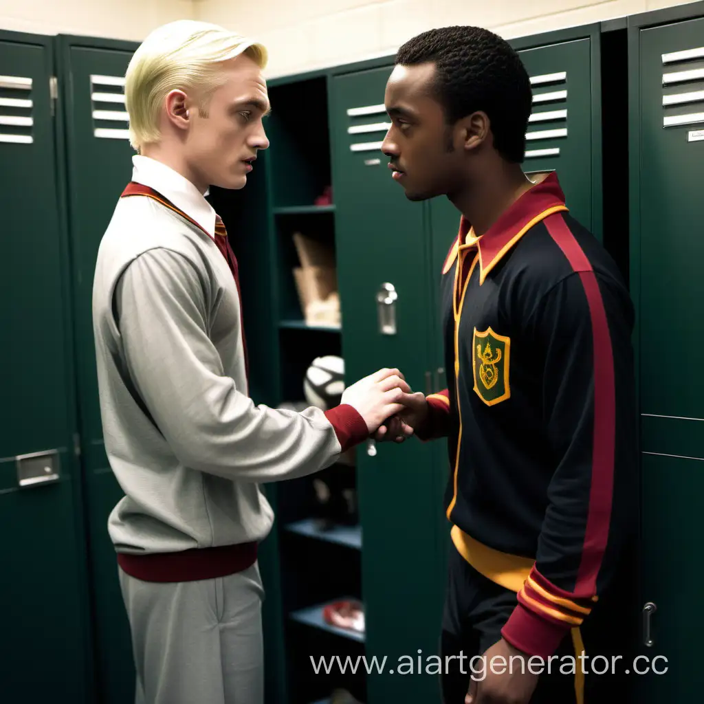 a young handsome Draco Malfoy in a Quidditch uniform comes out of the locker room with a black guy friend , a girl with dark hair stands next to them, seduces