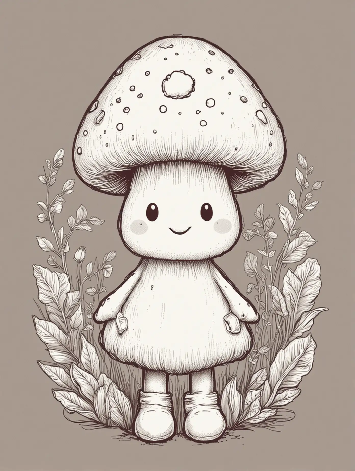 Adorable Mushroom Character Line Art Sketch