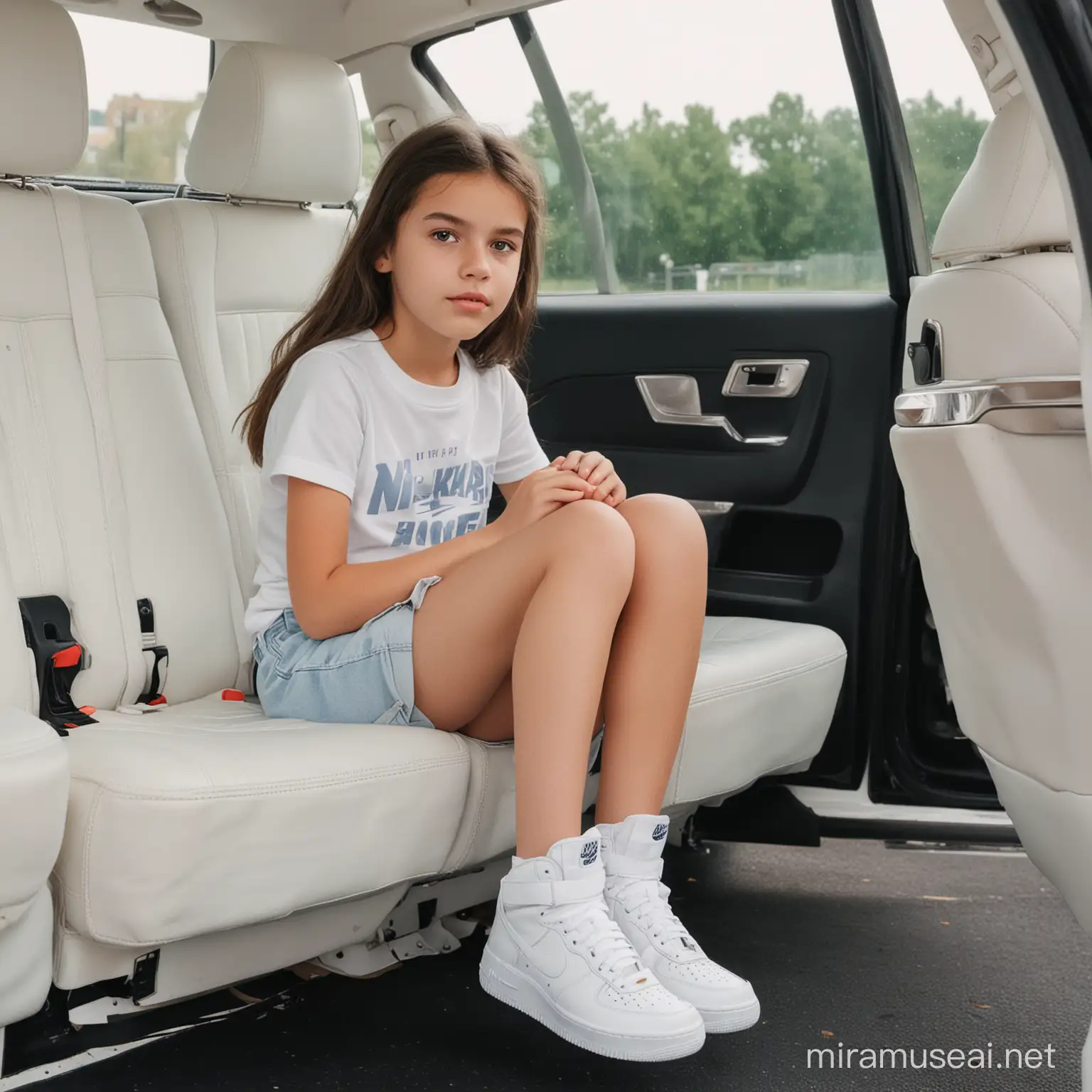 Focus on full body image girl aged 13 siting in front passenger seat vew from front passenger side with legs visible inside wearing white nike air force high shoes and shorts