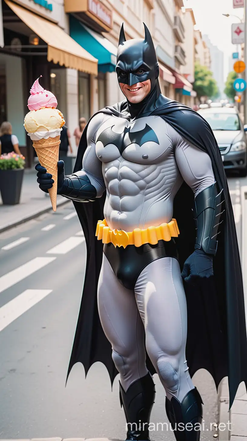 Adult Batman holding two ice creams on the streets. He's very happy. Daytime 