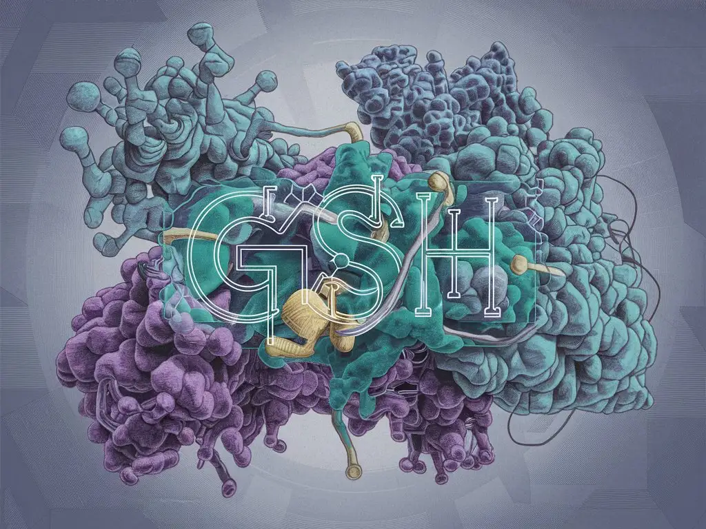 Visualize the molecular makeup of GSH complex, highlighting its unique biochemical components and how they work together to support ADHD management. Use a color palette that represents the scientific nature of the subject matter. Focus on the intricate details and textures of the molecules and how they interact with each other.