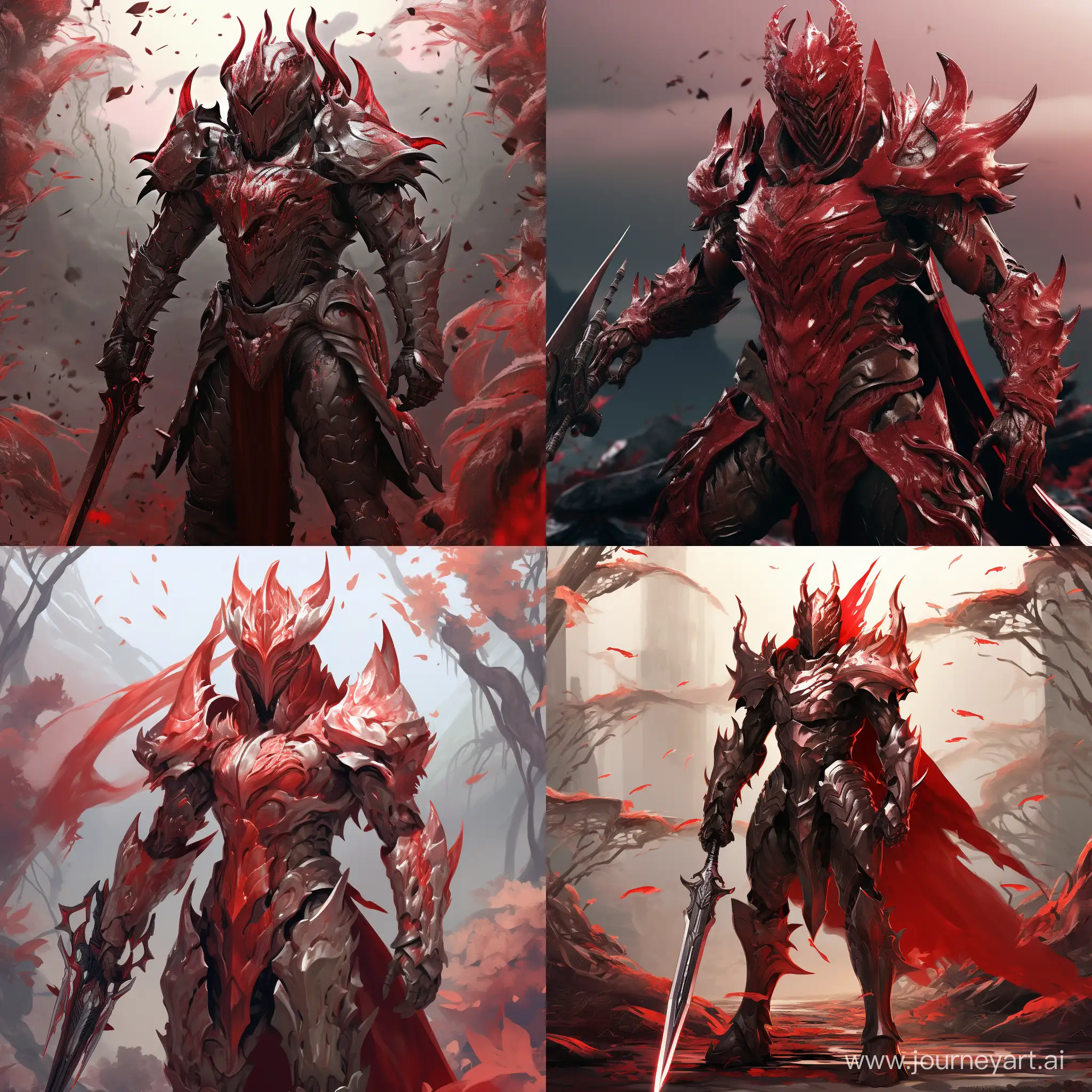 Medieval fantasy armor, full-plate armor, construct, no human features, a living armor, red color, crimson armor, red dragon scale armor, holding enchanted dark spear, flower field background, helmet in the shape of a normal helmet, not draconic design, realistic armor, no exagerated details, no horns, good lightning, clear view, warrior pose, minimalist armor