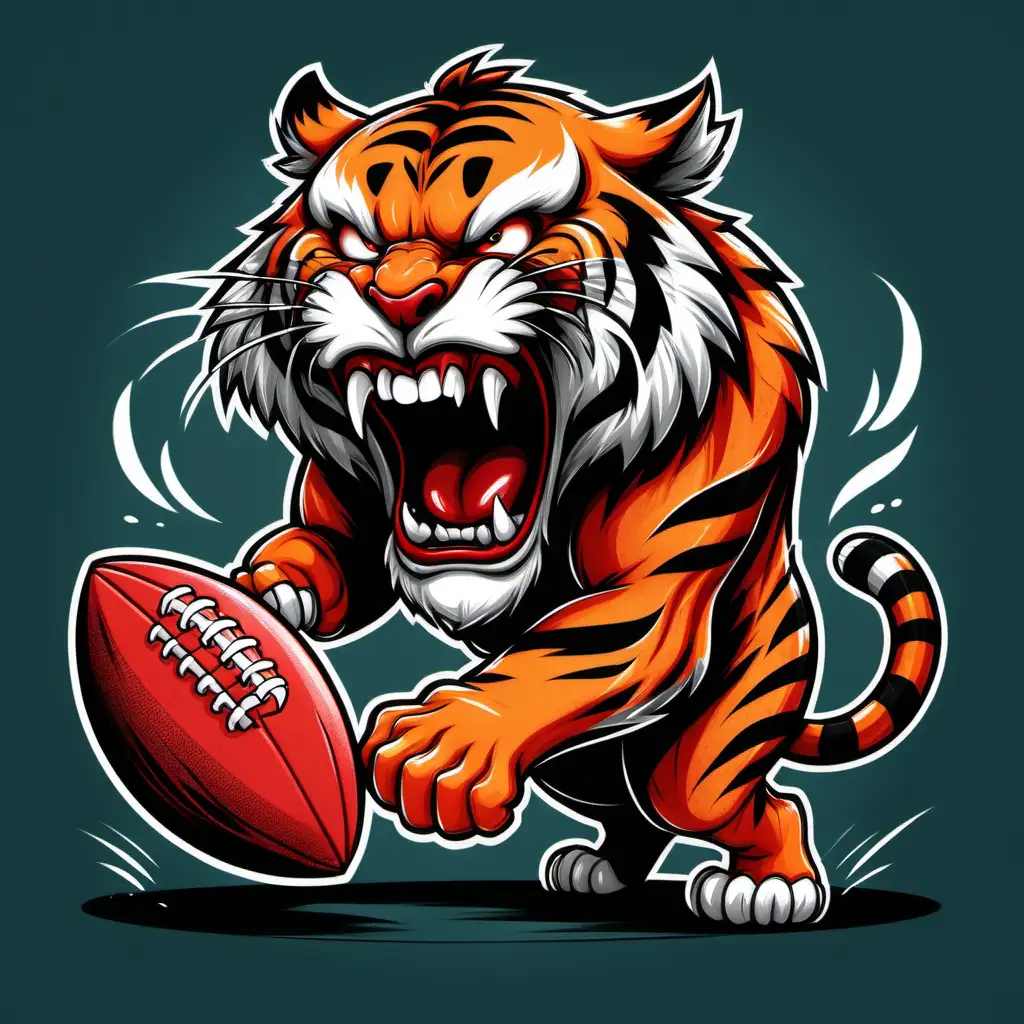 cartoon drawing of an angry tiger roaring, tearing a red football with its teeth