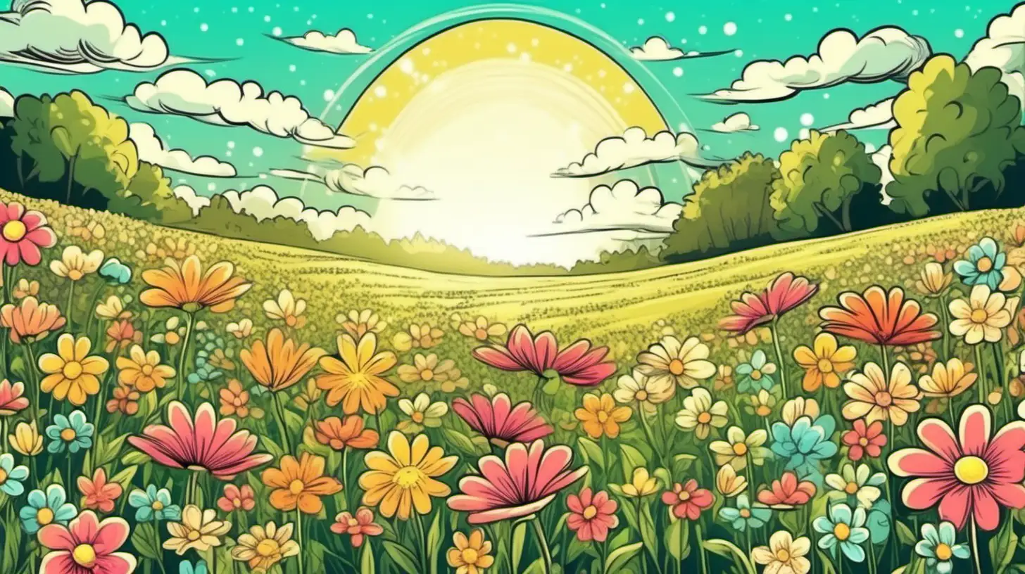 a field of magical flowers bright beautiful sky vintage cartoon style
