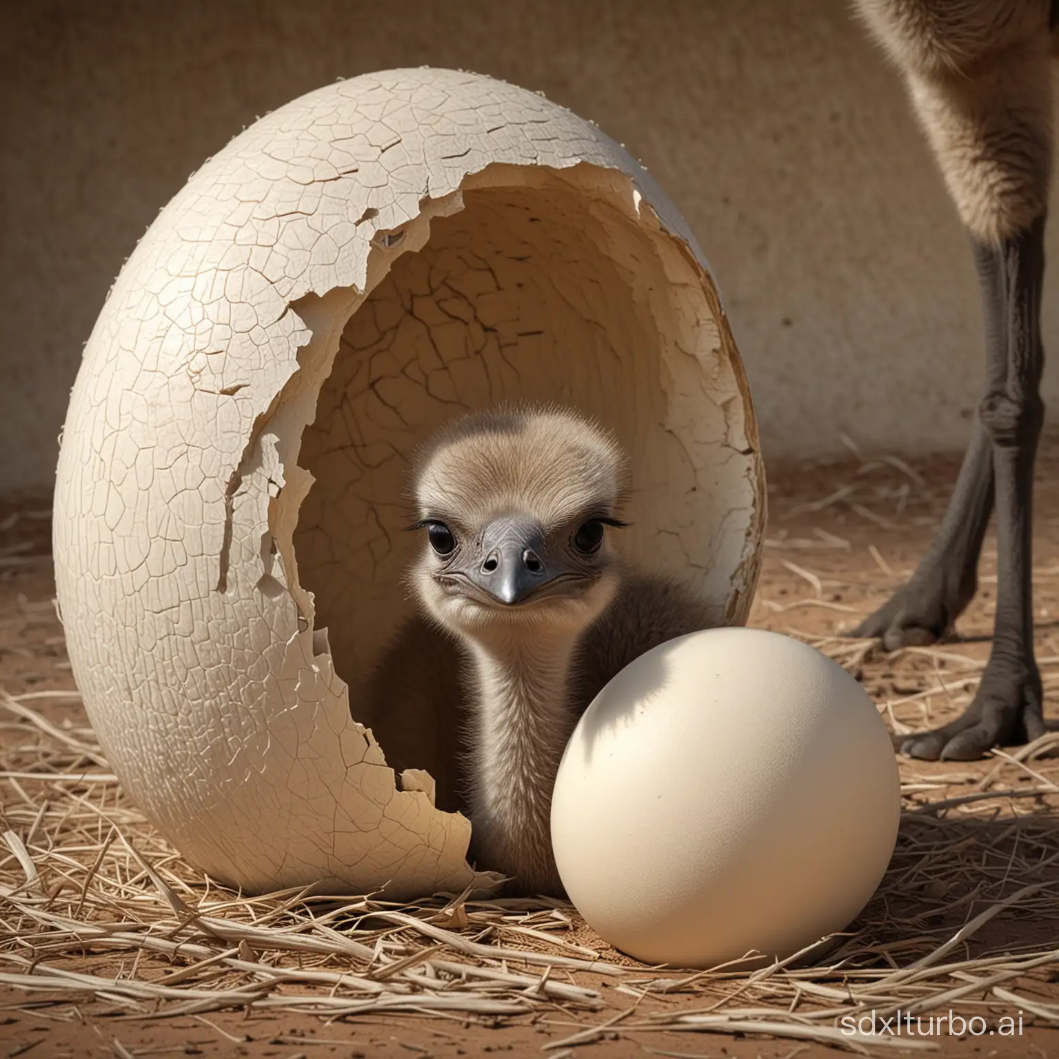 An ostrich egg cracks, and a newborn ostrich cub peeks out of it, there is a hot savannah around, dynamics, photorealism style