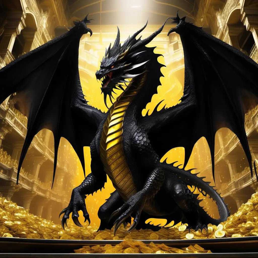 An image of a humongous black dragon standing in a huge chamber full of gold, Its scales are a deep, gleaming black, Its wings are massive, Its head is crowned with a mass of sharp, twisting horns,  Its eyes are a bright, sickly yellow, In a semi realistic fantasy style 