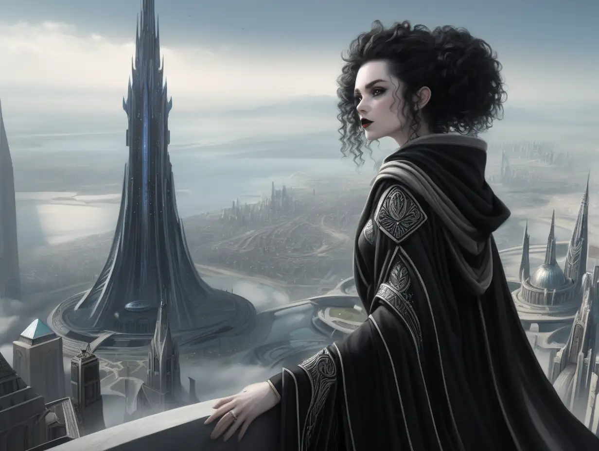 Dreaming city, beautiful, royal attire black curly hair, pale skin, grey eyes, dreaming city, black and grey, jedi robes, female, black make up, black mascara and lipstick, speaking to the public on top of the tallest tower, giving a royal speech