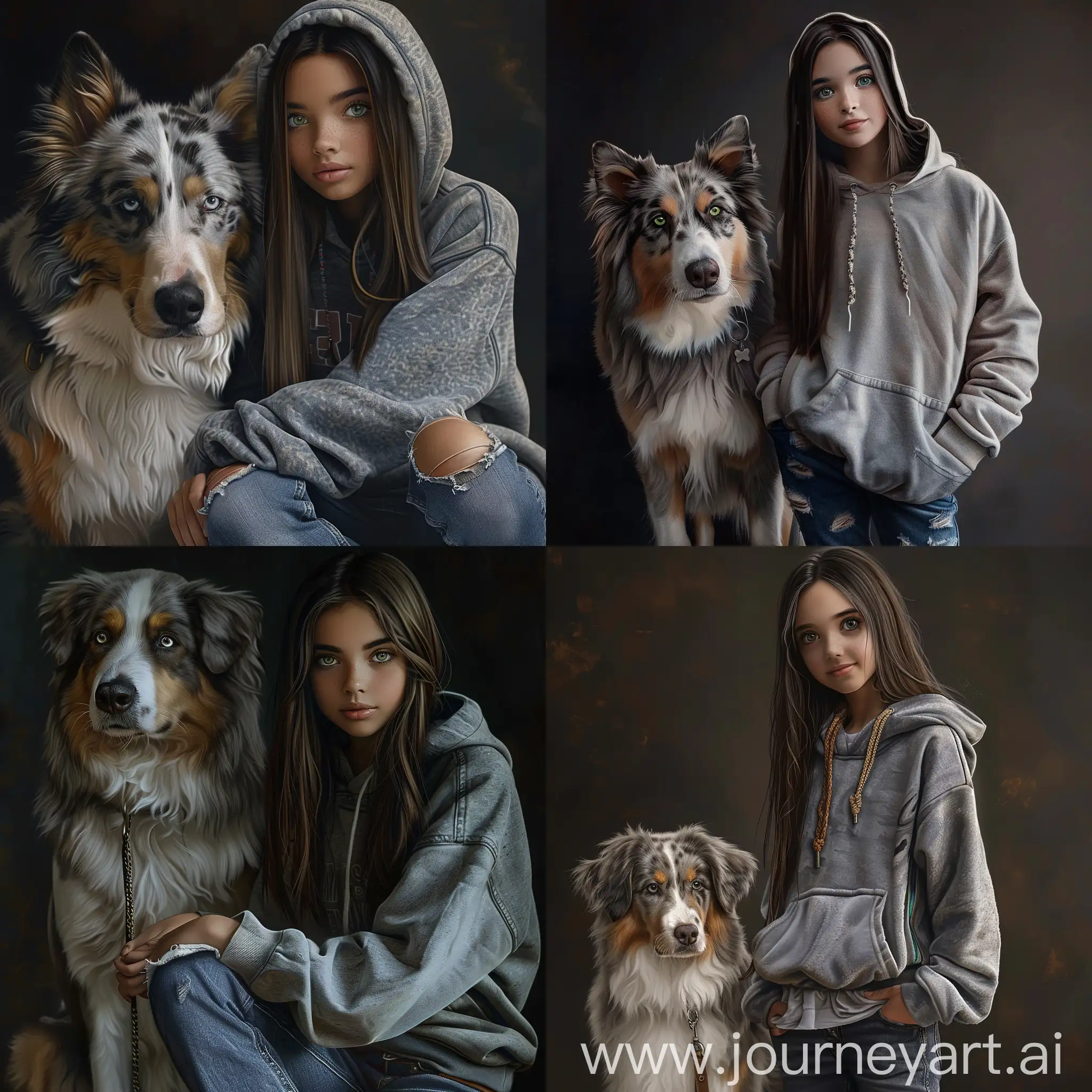 Beautiful girl, straight dark brown hair, gray-green eyes, white skin, teenager, 15 years old, dressed in jeans and an oversize hoodie, next to an Australian shepherd, high quality, high detail, dark background, realistic art