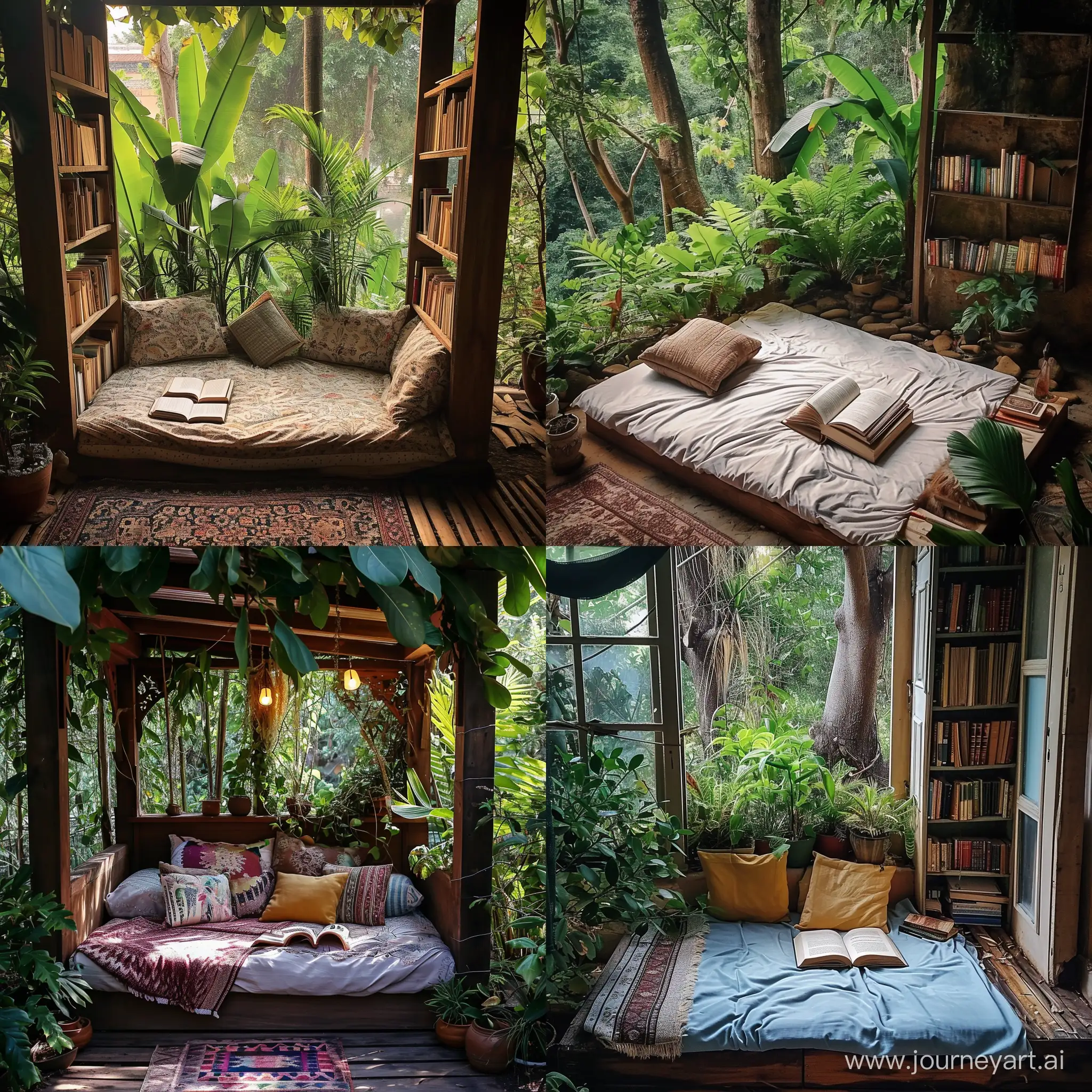 Enchanting-Forest-Reading-Nook-Cozy-Bed-Amidst-Lush-Greenery