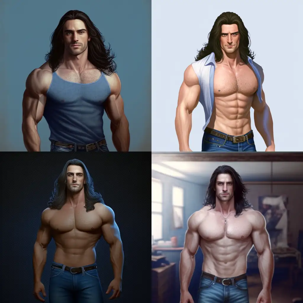 tall Greek muscular man, long dark hair, blue eyes, standing, blue jeans, chest