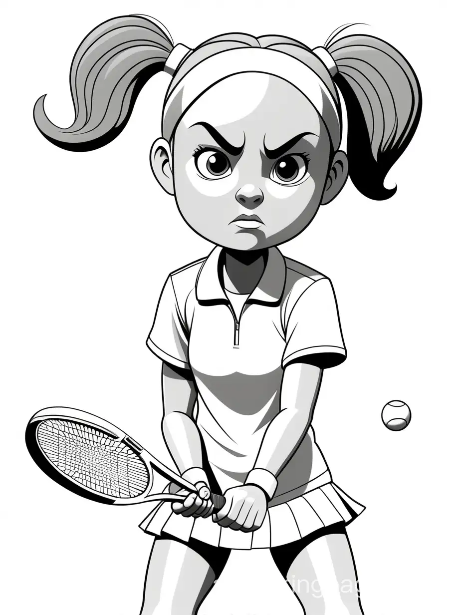 girl playing tennis, tennis uniform, pigtails, focused tennis stance, holding tennis racket, standing on tennis court, colorless, Coloring Page, black and white, line art, white background, Simplicity, Ample White Space. The background of the coloring page is plain white to make it easy for young children to color within the lines. The outlines of all the subjects are easy to distinguish, making it simple for kids to color without too much difficulty