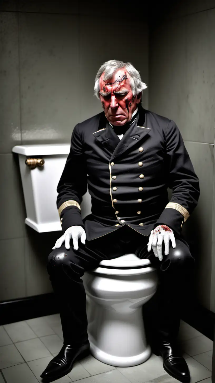Design an image of President Zachary Taylor's sitting on a 1850s toilet  and his face in showing pain.tears are pouring fromhis eyes. he has no pants

