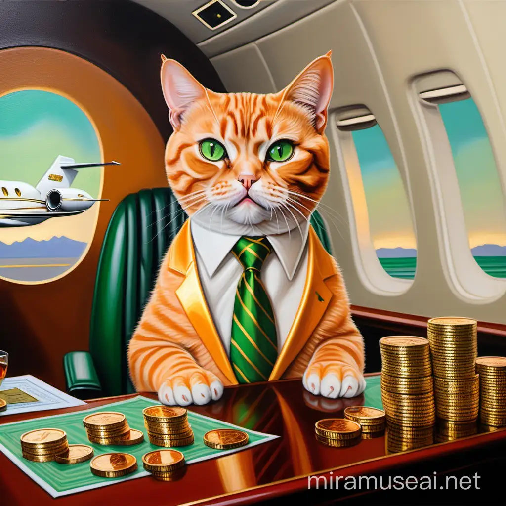 oil painting of exotic short hair cat peach color boss . green stripe with a gold tie on a private jet with a glass of bourbon and stacks of gold coins