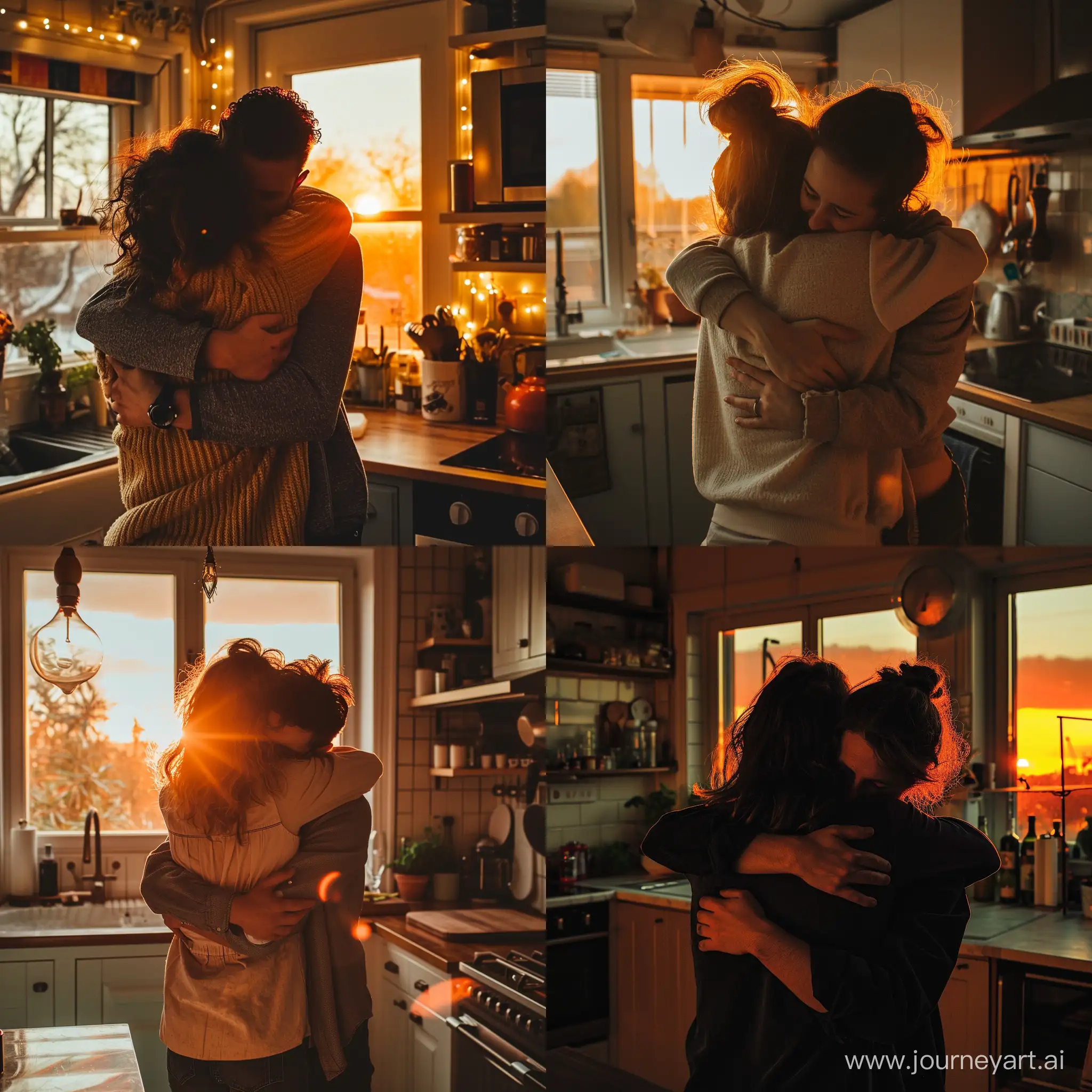  2 people hugging in the kitchen, no faces visible, sunset lighting, romantic, dreamy, cozy kitchen