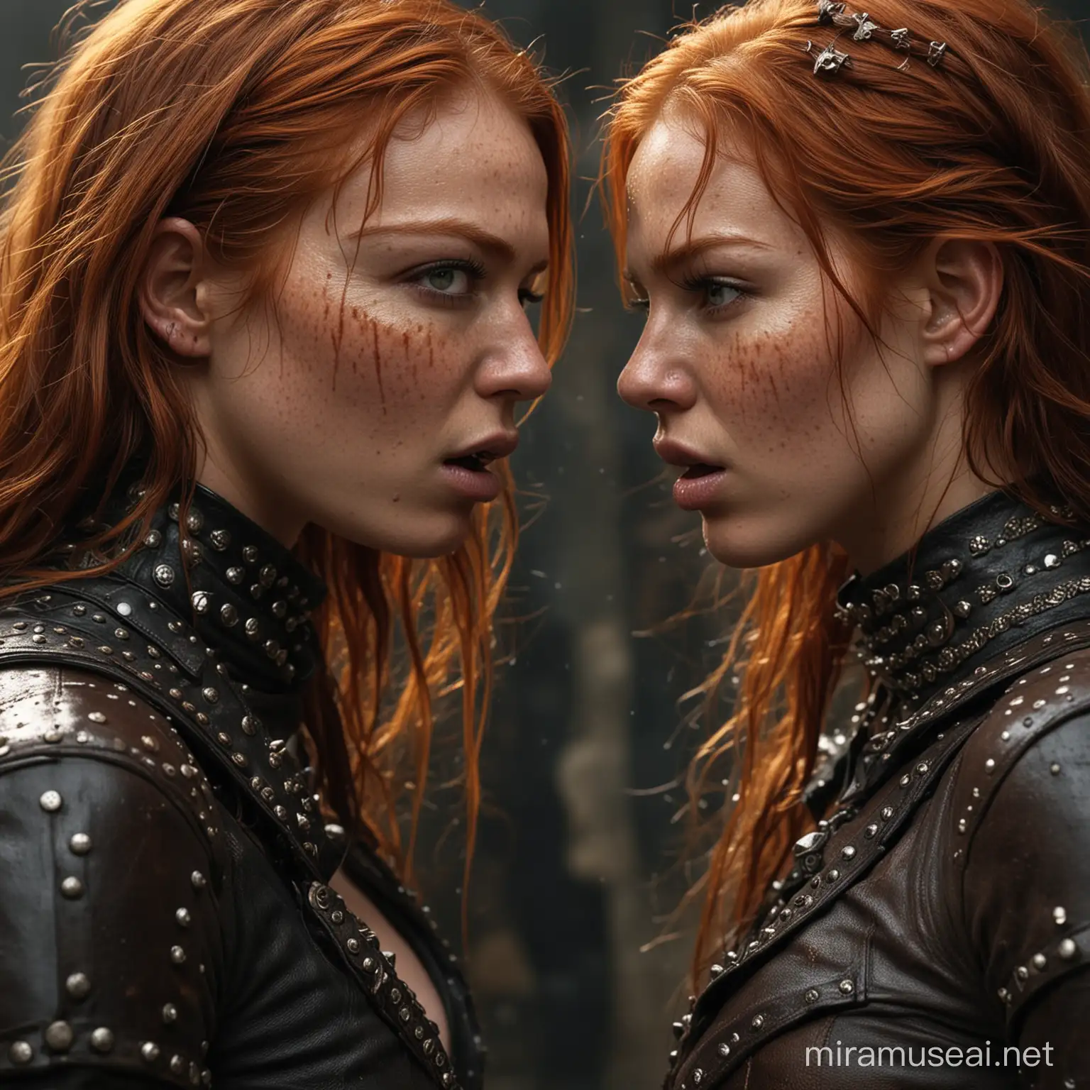 (cinematic lighting), in the world of movie 300, 2 Voluptuous beautiful ginger freckled women fighting with each other, pretty face, half naked, fierce fight, blood on the body, leather studded boots, intricate details, detailed face, detailed eyes, hyper realistic photography